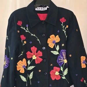 Anage Embroidered Jacket Black w/Flowers Button Medium w/Shoulder‎ Pads Vtg EUC